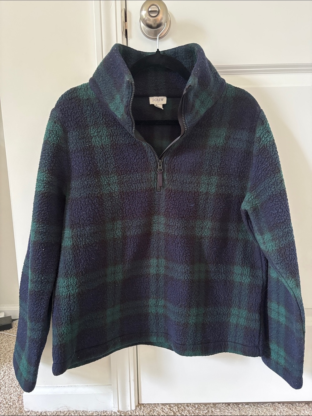 J. Crew Green & Navy Plaid Quarter-Zip Sherpa Pullover